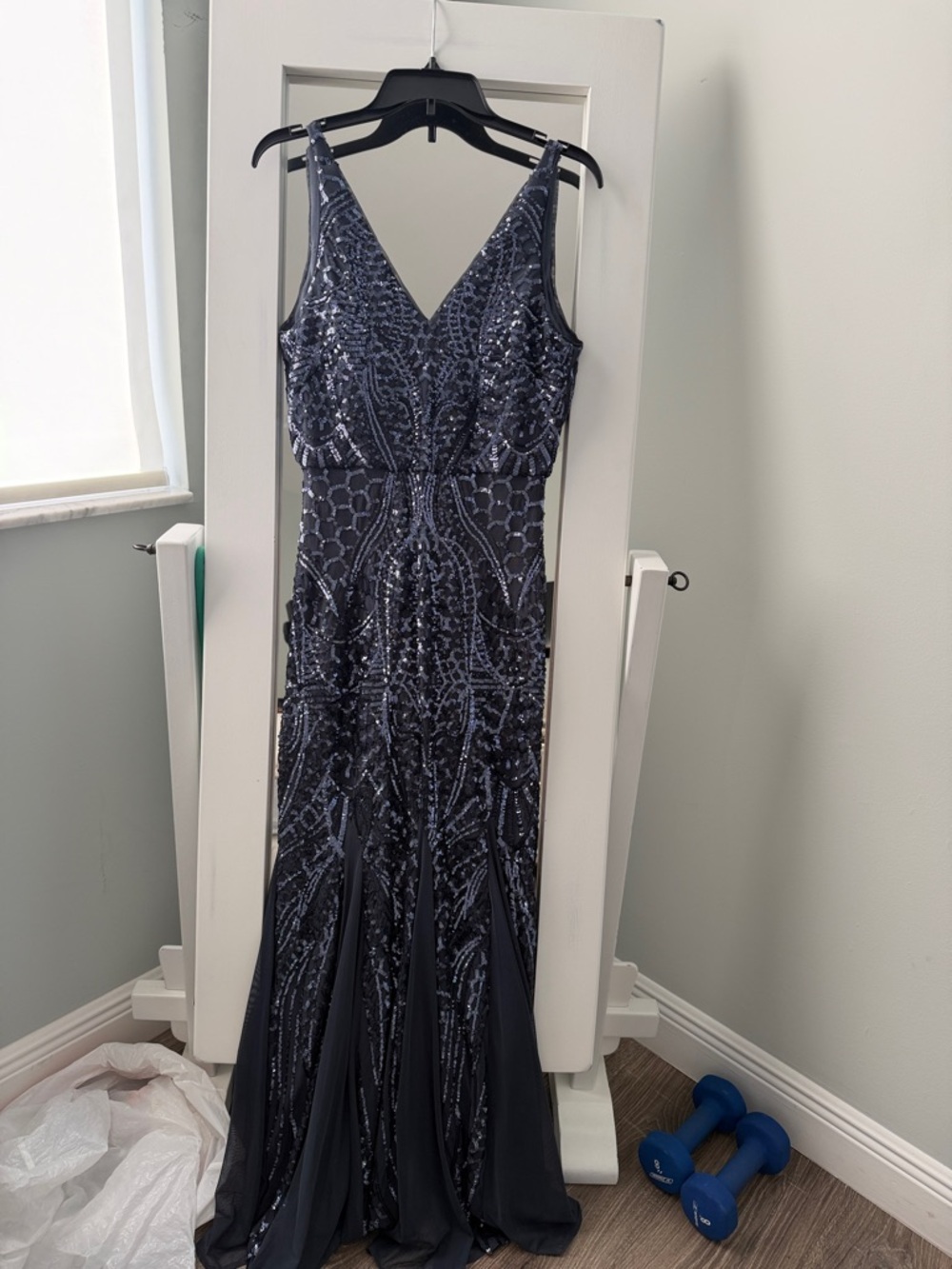 Night Way Collections Navy Sequin V-Neck Maxi Gown
